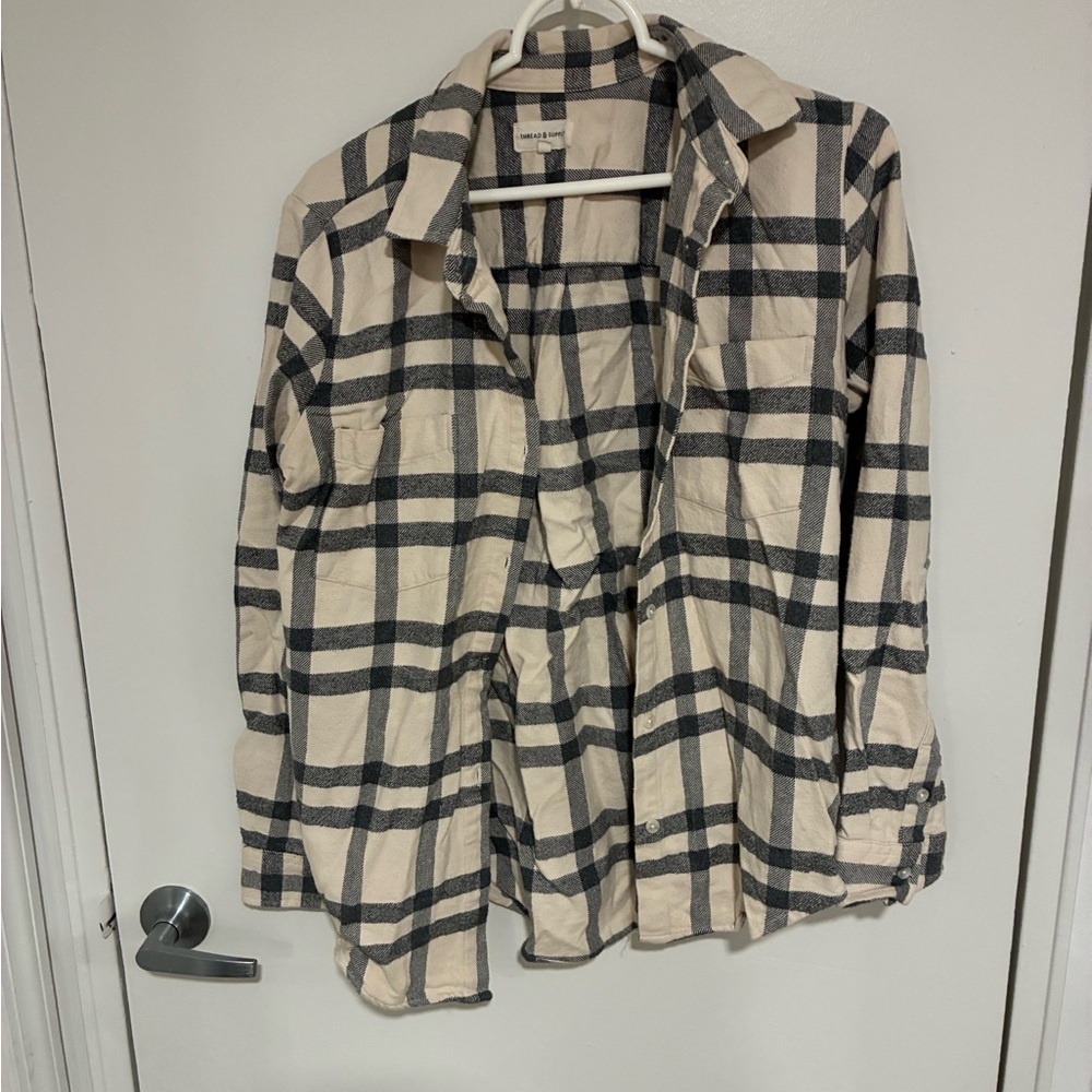 Oversized Flannel Thread & Supply Beige and Black Plaid Shirt Jacket